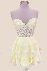 Sweetheart Yellow Appliques Tiered Short Dress