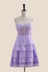 Sweetheart Yellow Appliques Tiered Short Dress